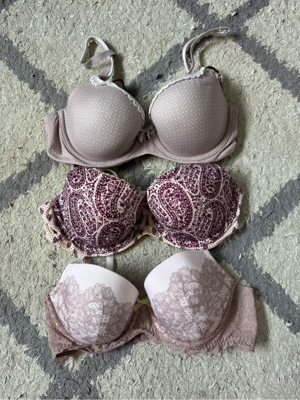 Victoria's Secret Lace & Printed T-Shirt Bra Set — Taupe, Plum, Blush
